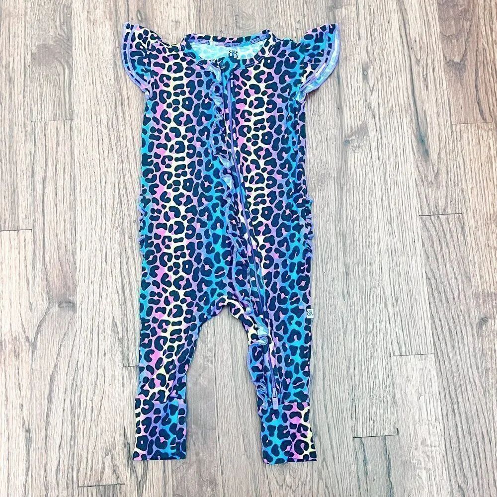 Bums & Roses Born to Stand Out Rainbow Cheetah Ruffle Romper Size 3-6M